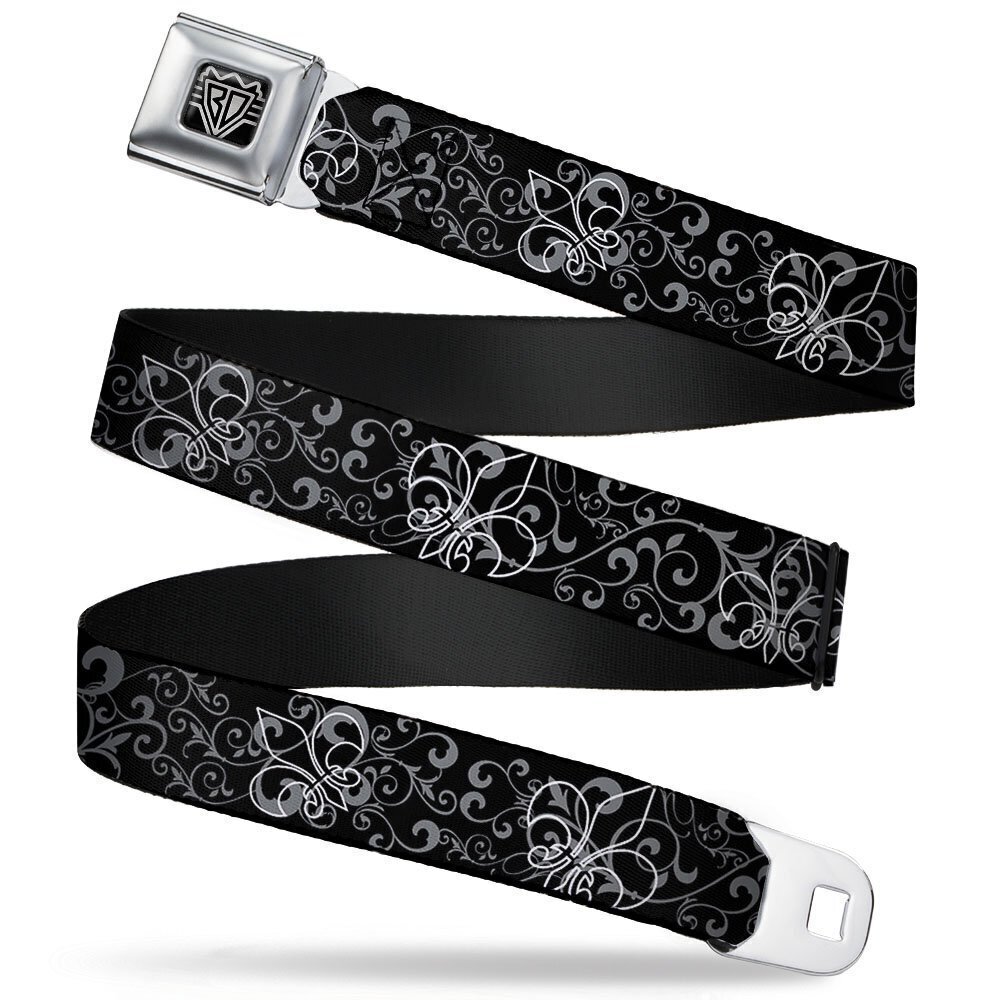 4934 Seatbelt Belt - Fleur-de-Lis Outline w/Filigree Black/Gray - 1.5" Wide